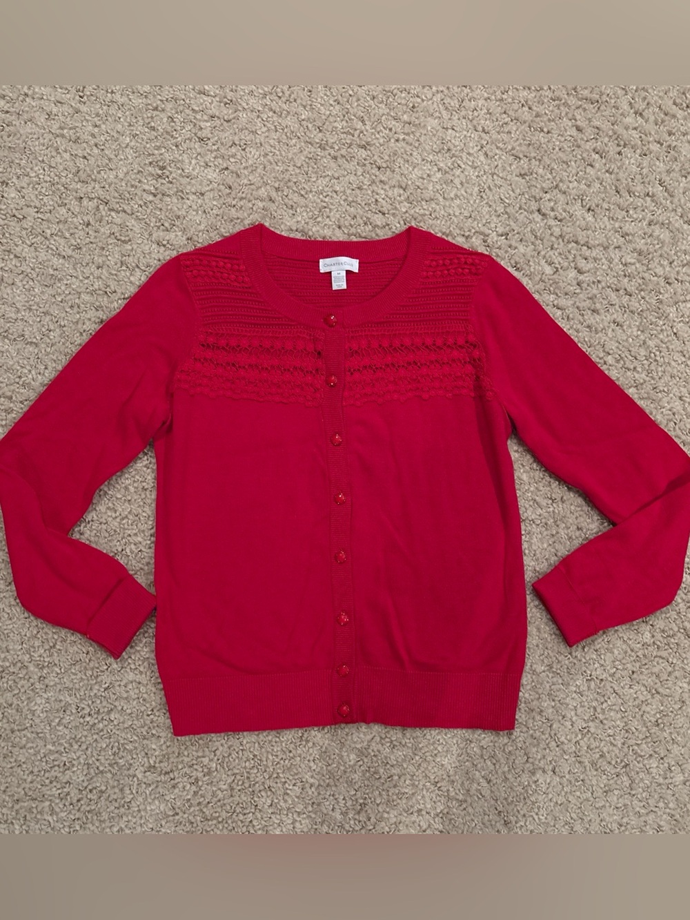 Charter Club Women’s Red Embroidered Knit Cotton Button Up Cardigan Size M